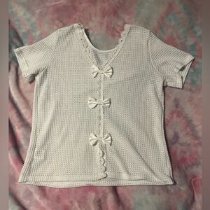 4/$25 SHEIN- White Textured Knit Top with Satin Bows and Lace Trim